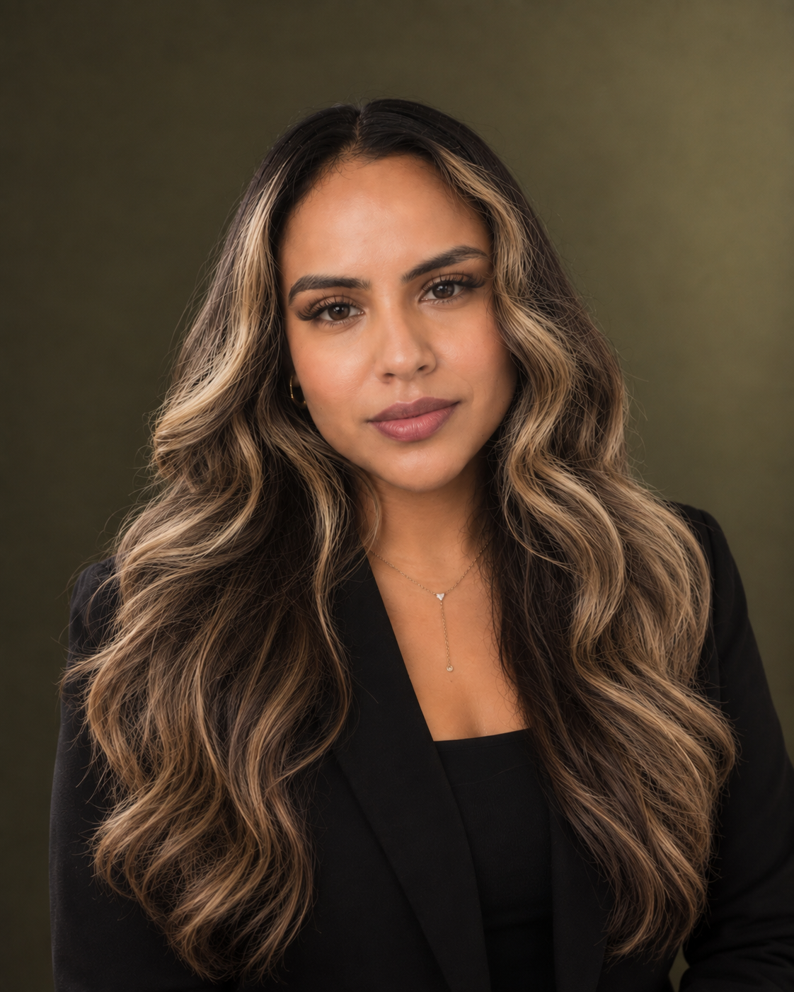 A woman with long wavy hair wearing a black blazer and a delicate necklace, posing against a plain background.