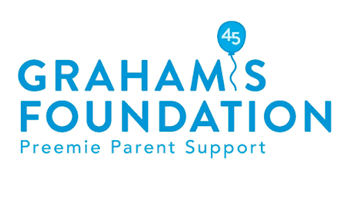 Graham's Foundation logo with a blue balloon displaying the number 45, and text indicating Preemie Parent Support.