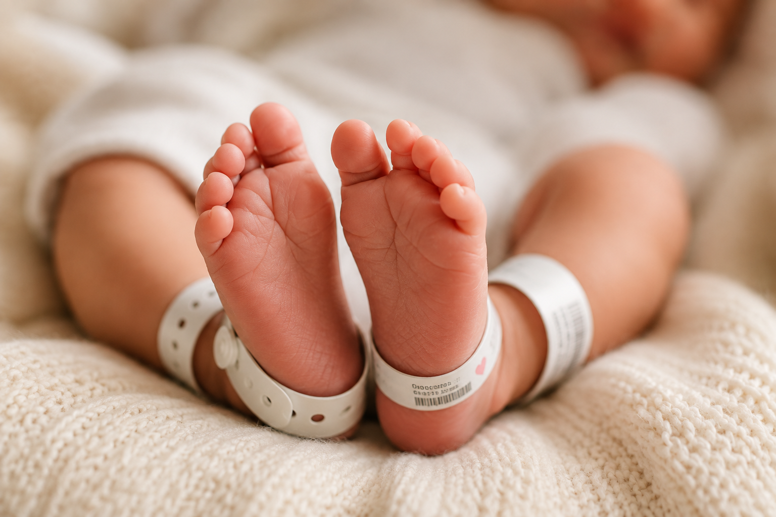 Close-up of a newborn baby's feet with hospital identification wristbands, lying on a soft cream blanket.