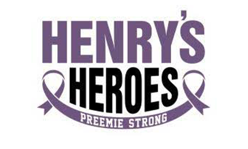 Logo for Henry's Heroes with purple and black text and ribbons, and the words 'Preemie Strong'