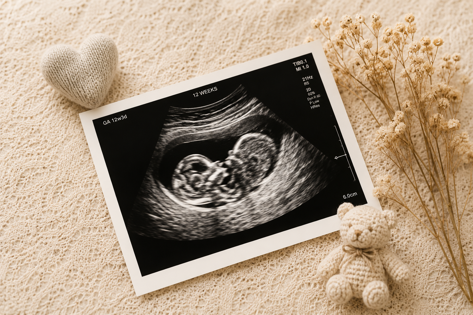 Ultrasound image of a developing baby at 12 weeks, placed on a lace fabric with a small knitted heart and teddy bear, dried flowers nearby.