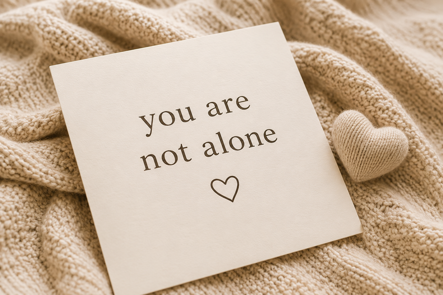 A greeting card with the message 'you are not alone' and a small knitted heart, placed on a beige textured blanket.