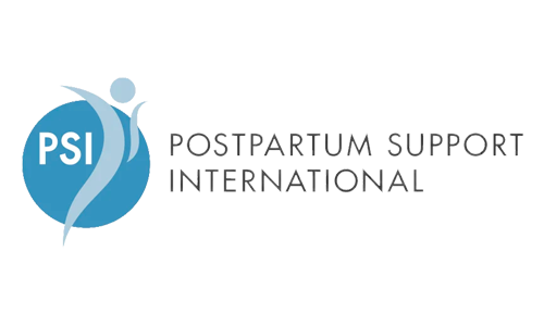 Logo for Postpartum Support International featuring a stylized figure with outstretched arms next to a blue circle with the initials PSI.