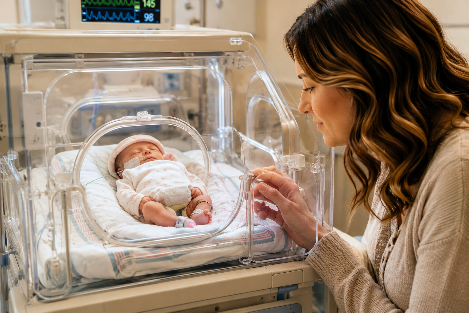 A woman with long, wavy brown hair looks tenderly at a newborn baby inside an incubator in a hospital nursery. The baby is sleeping, wearing a pink hat, a white patterned outfit, and has medical wires attached.