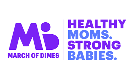 Logo for March of Dimes with purple and blue text reading 'Healthy Moms. Strong Babies.'