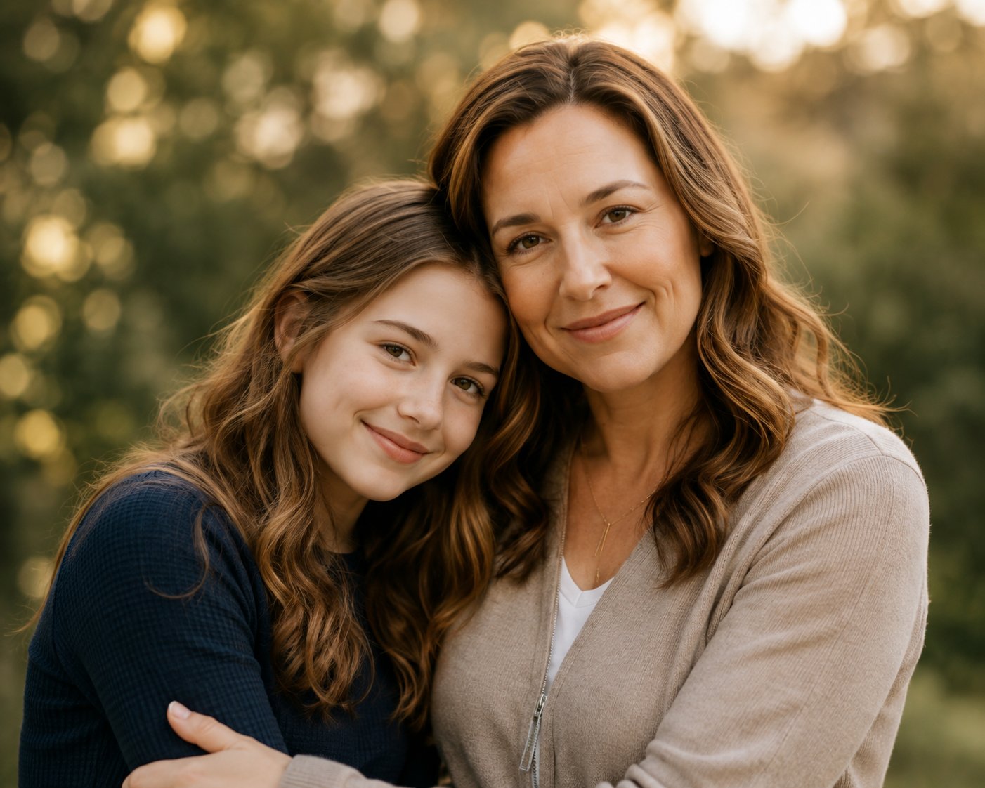 A woman and a teenage girl smiling and cuddling outdoors with greenery in the background.