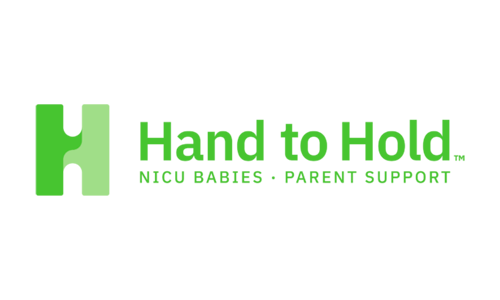 Logo for 'Hand to Hold' with green icon resembling a parent holding a child's hand, and text 'Hand to Hold,' 'NICU Babies,' and 'Parent Support'.