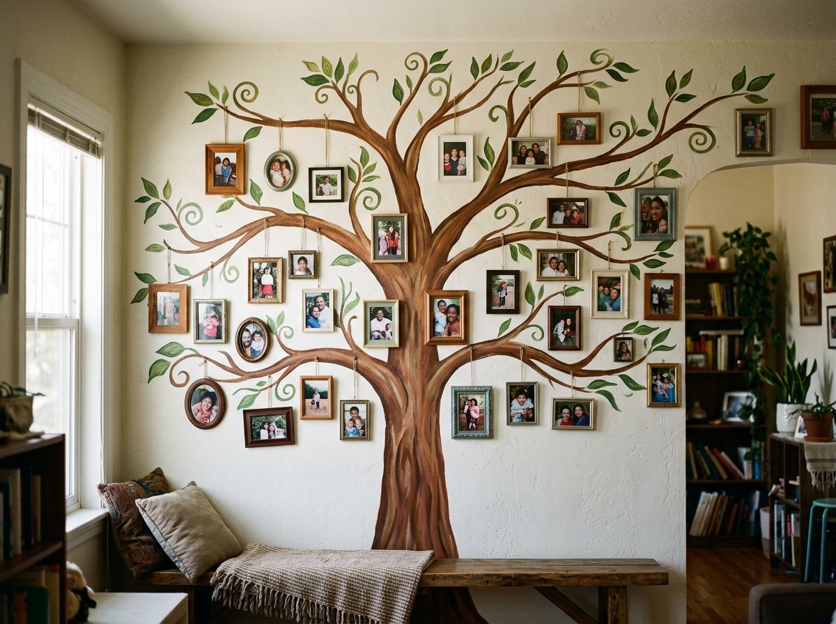 Custom hand-painted family tree mural with green leaves, branching limbs, and framed family photographs displayed among the branches.