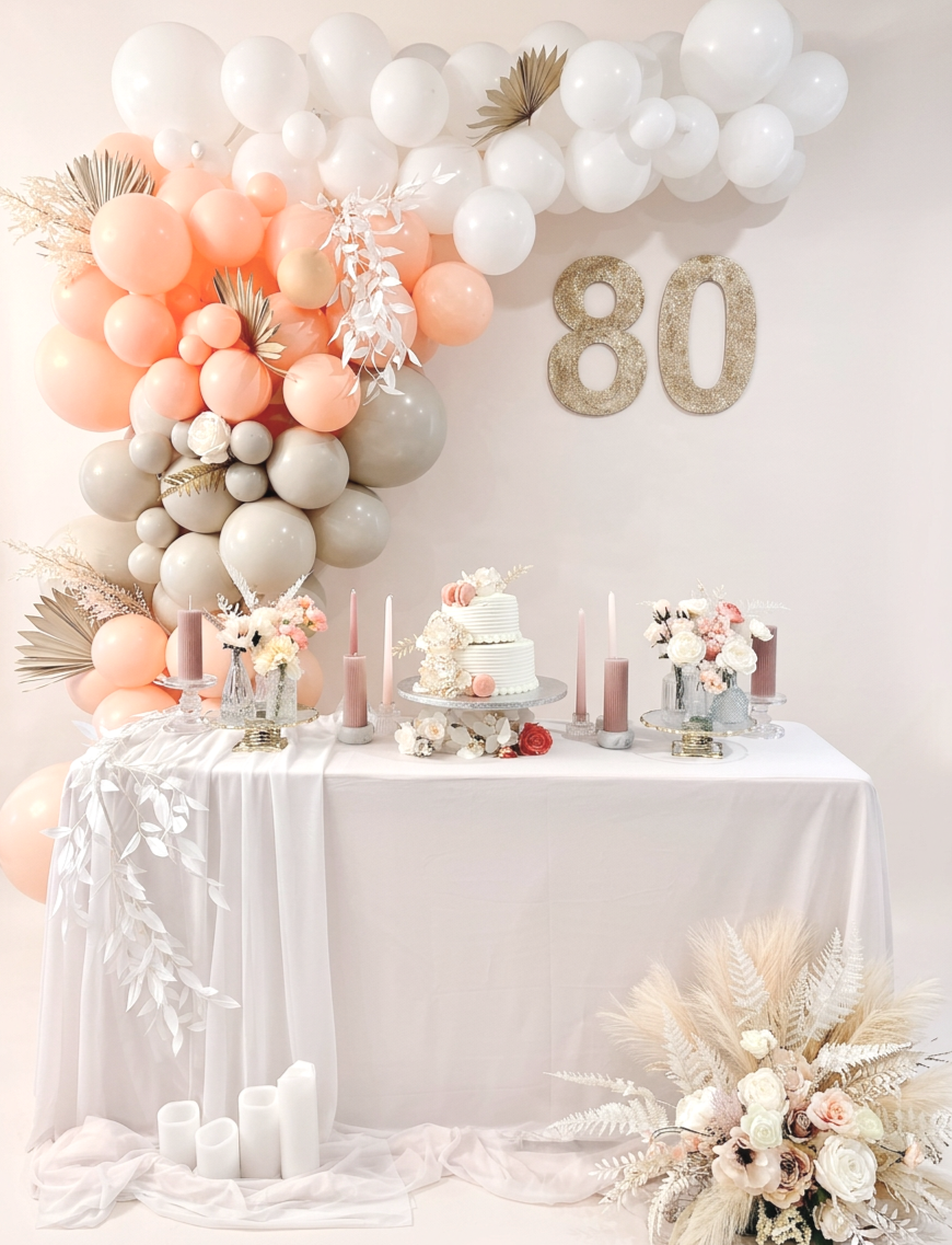 Celebration setup with balloons, flowers, candles, a cake, and a large "80" glitter sign, indicating an 80th birthday celebration.
