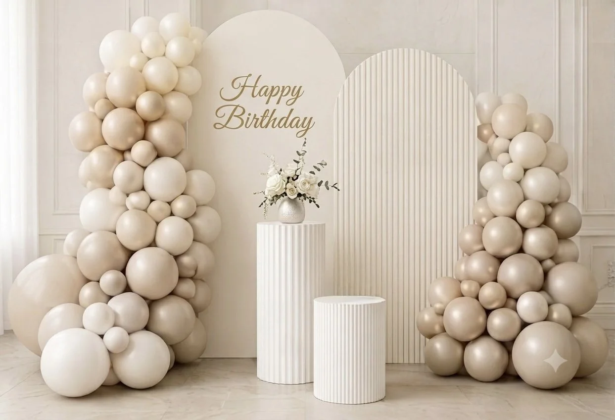 Elegant birthday decoration with cream and beige balloons on either side, a white pedestal with a floral arrangement, and a backdrop with a golden 'Happy Birthday' message.
