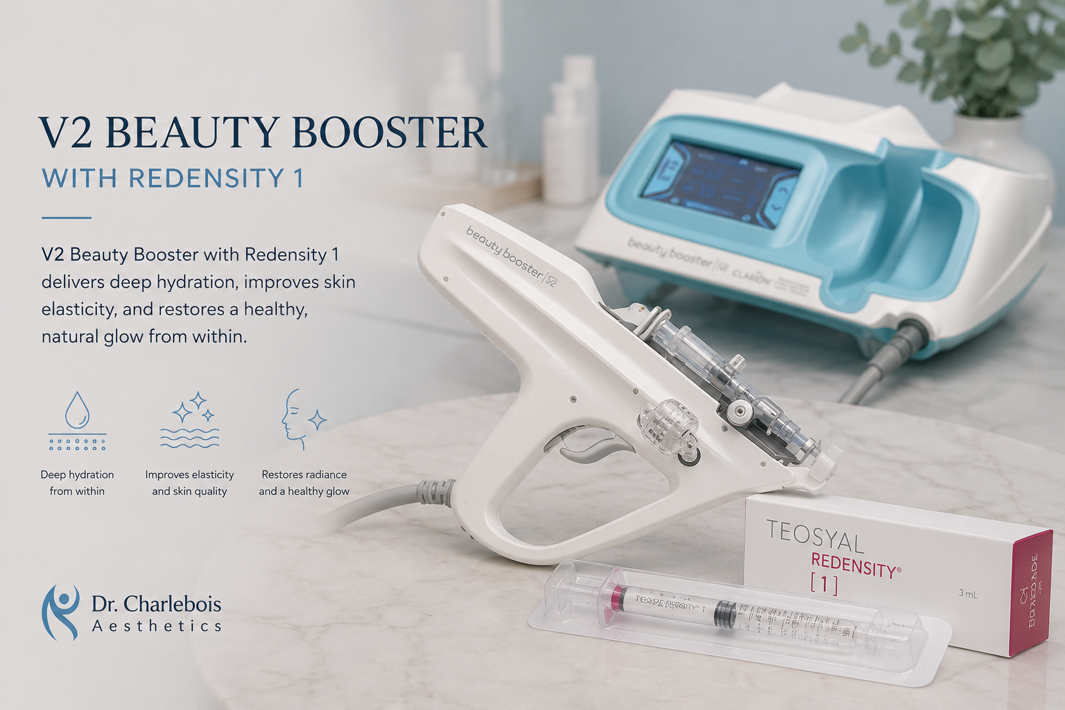 V2 Beauty Booster with Teoxane Redensity 1 for skin hydration and rejuvenation.