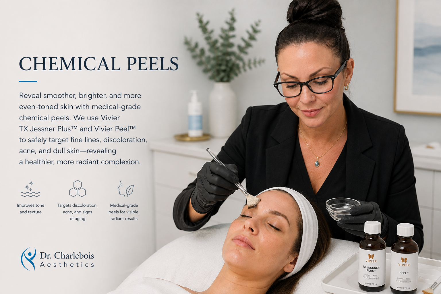 Professional chemical peel treatment at Dr. Charlebois Aesthetics in Cornwall.