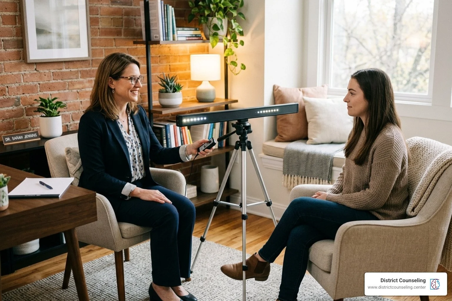 A woman counselor and a young woman having a therapy session in a cozy, well-lit living room with books, plants, and a window showing trees.