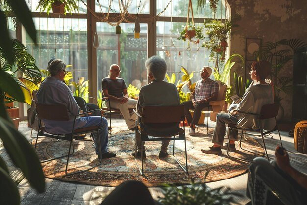 Five elderly women sitting in a circle in a sunlit room with large windows, plants, and hanging decorations, engaged in a conversation.