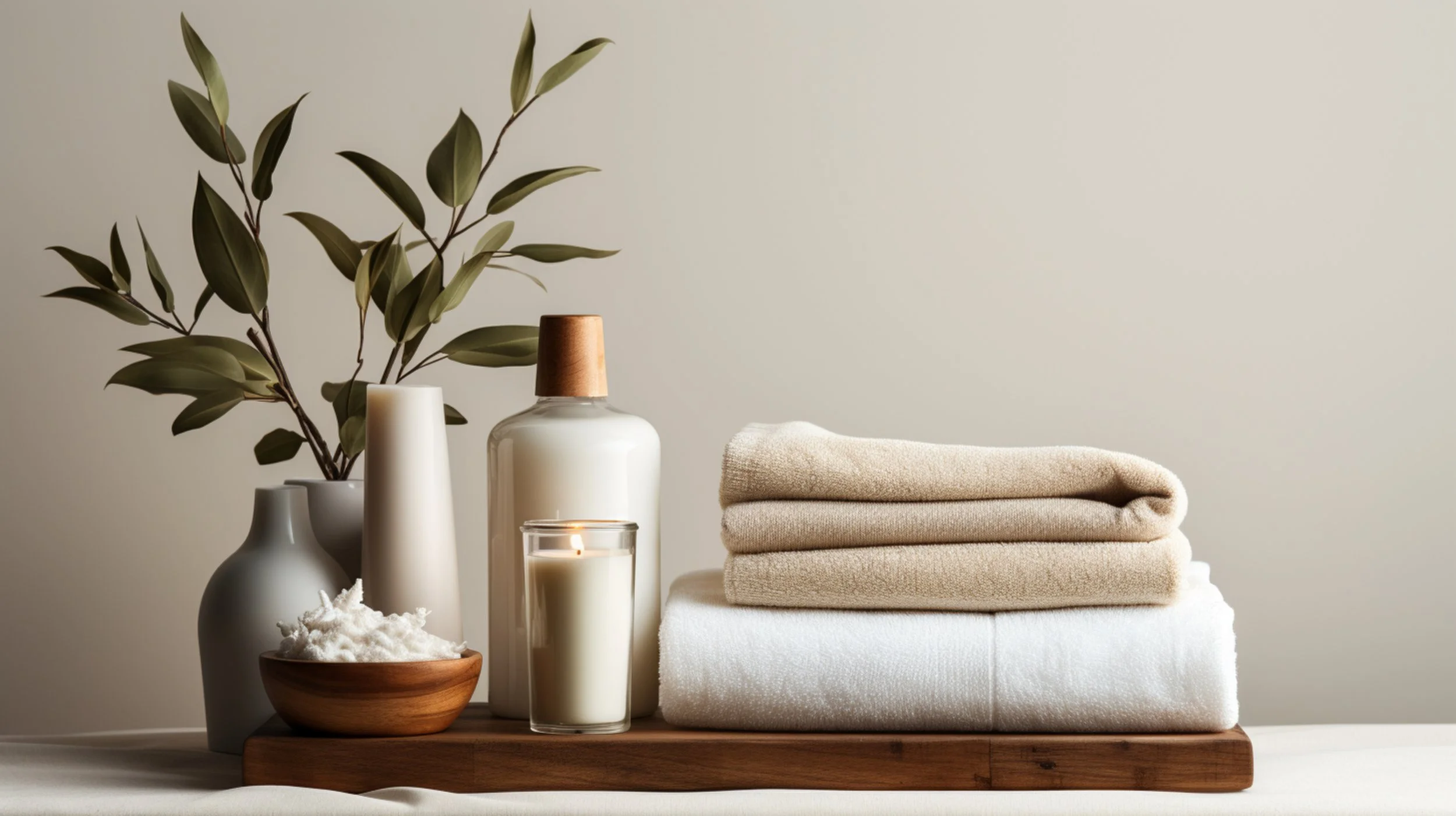 A minimalist arrangement of vases, candles, and folded towels on a wooden tray against a plain wall.