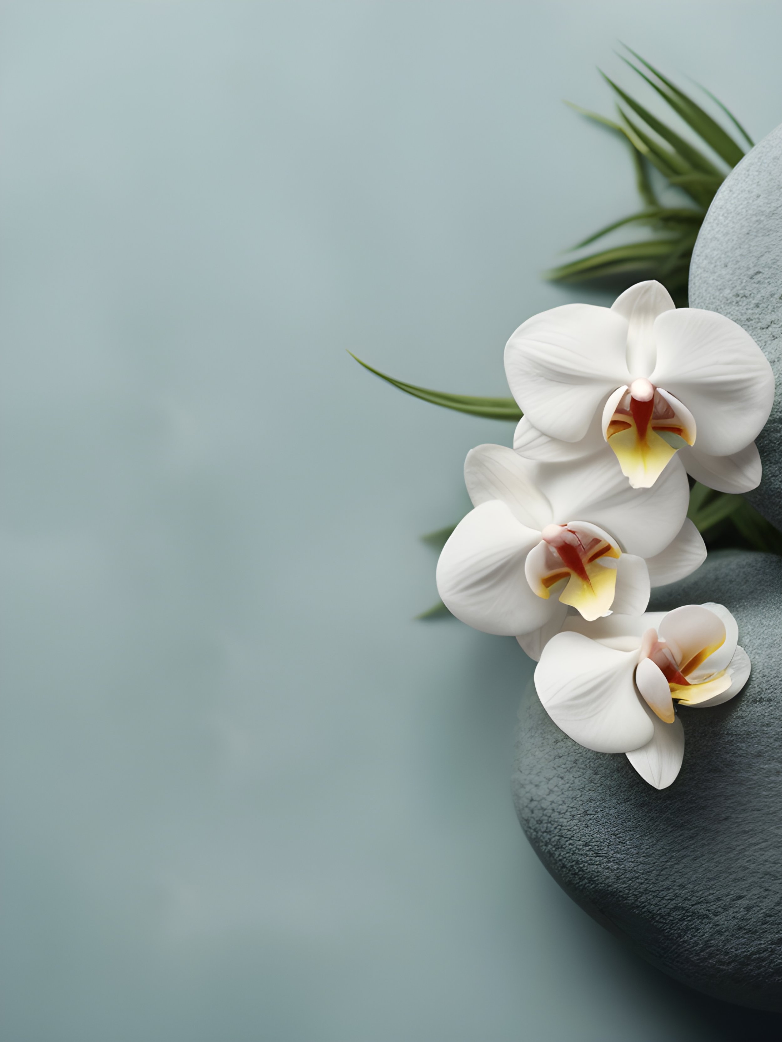 White orchids with yellow and red centers on a smooth stone surface, leaning against a rounded gray textured object, and partially covered by green leaves on a soft blue background.