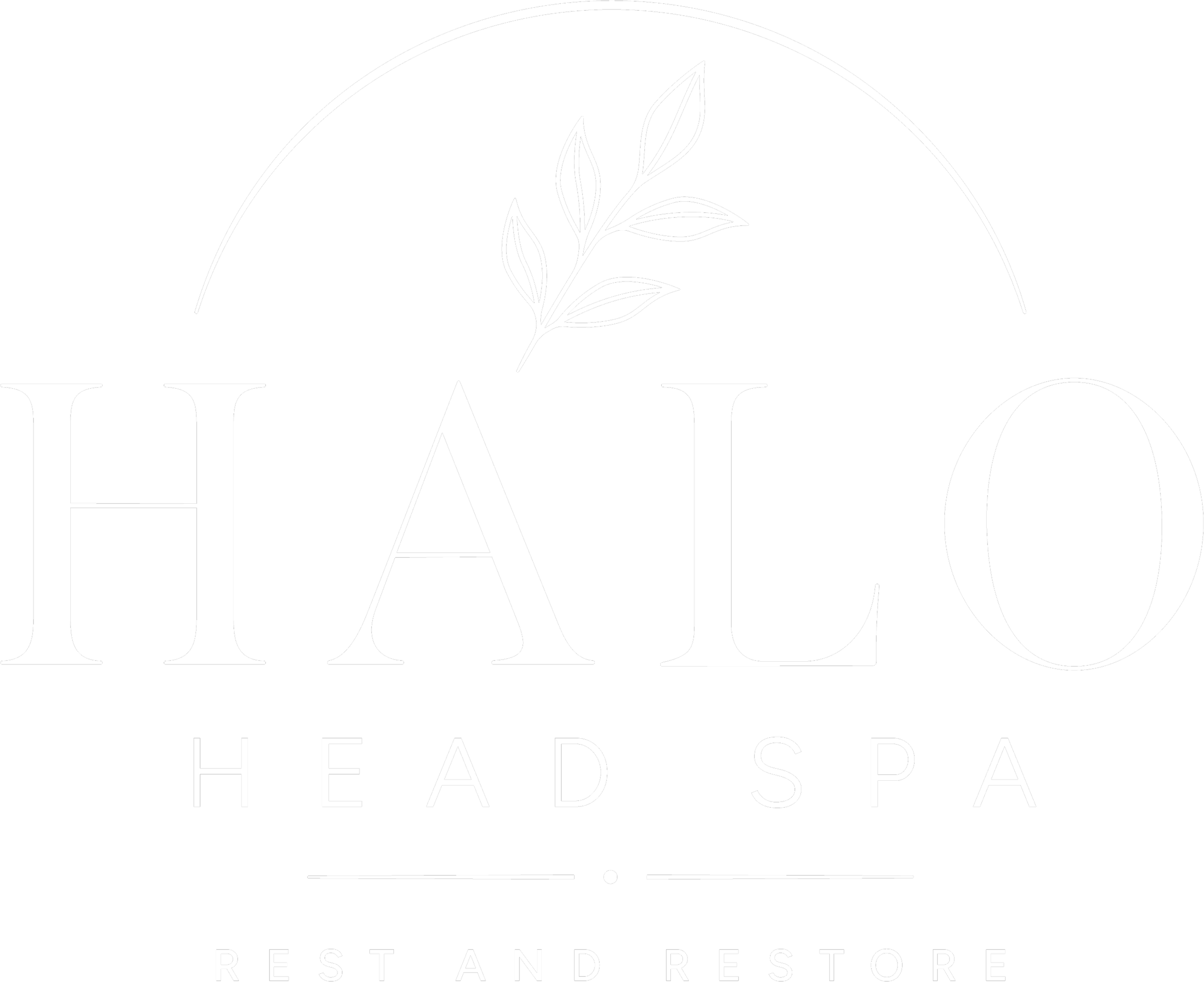 Logo for the Head Spa, featuring a minimalistic design with a white branch and leaves on a black background, and the text 'HEAD SPA' in large white letters.