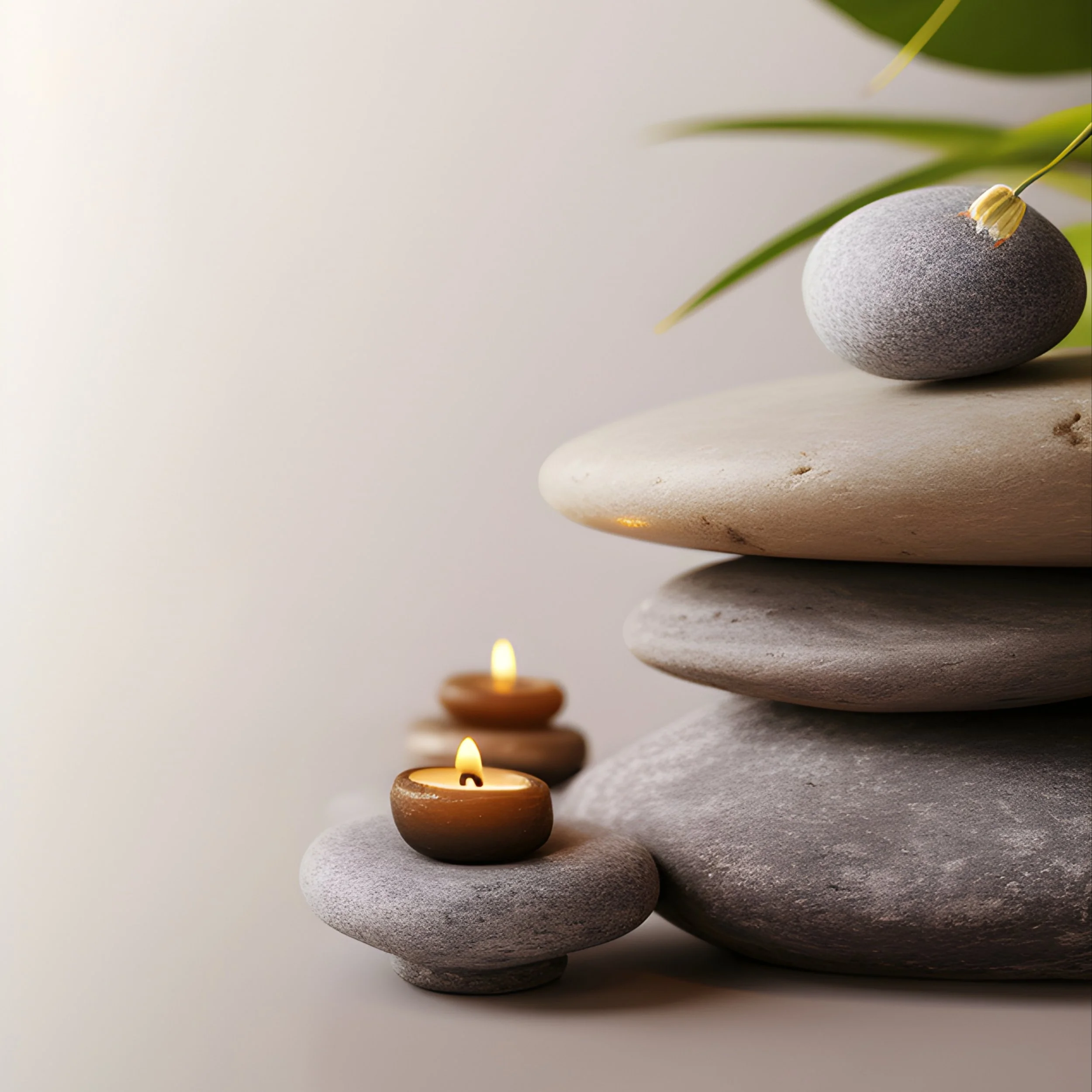 Stacked smooth gray stones with small candles on top, set against a light background with green leaves