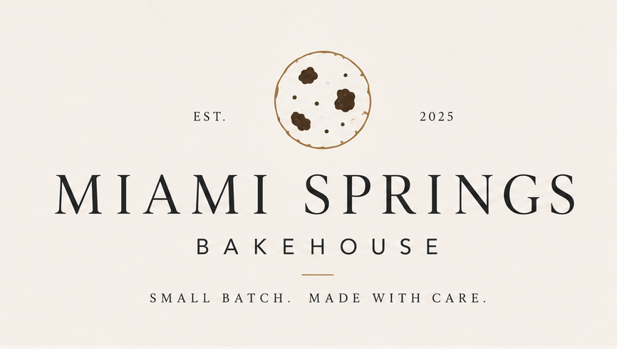 Logo for Miami Springs Bakehouse with a stylized cookie and the text 'EST. 2025 Miami Springs Bakehouse Small Batch. Made With Care.'