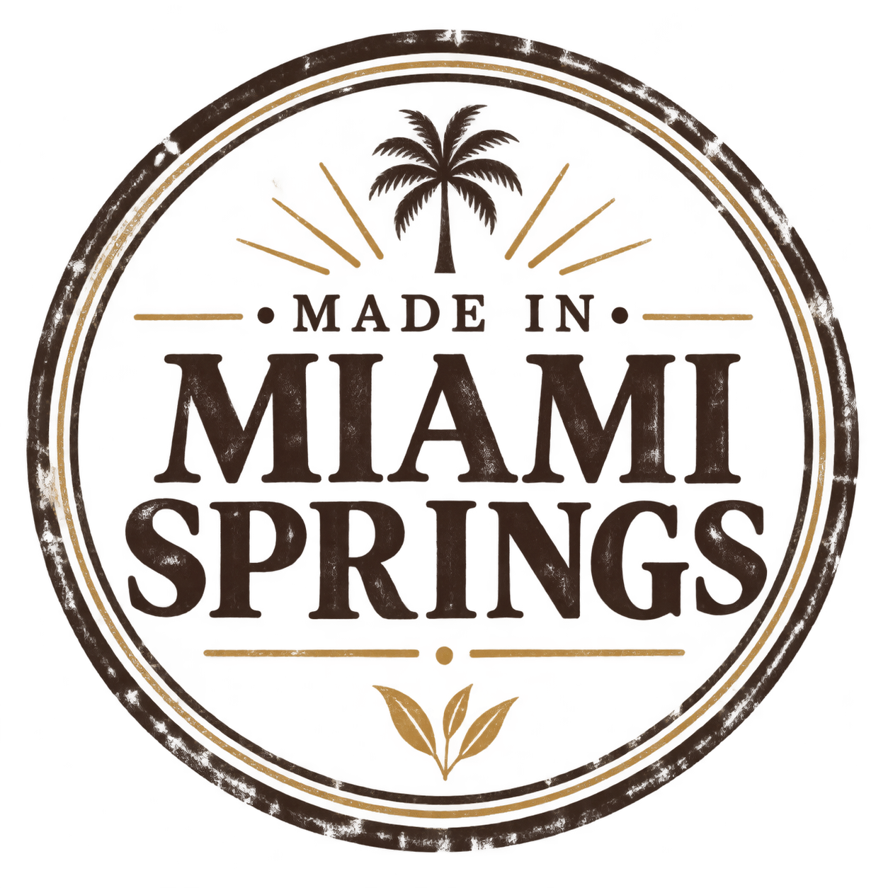 A circular emblem with a palm tree at the top, the text 'Made in Miami' in the middle, and the word 'Springs' at the bottom, with decorative lines and a leaf at the bottom.