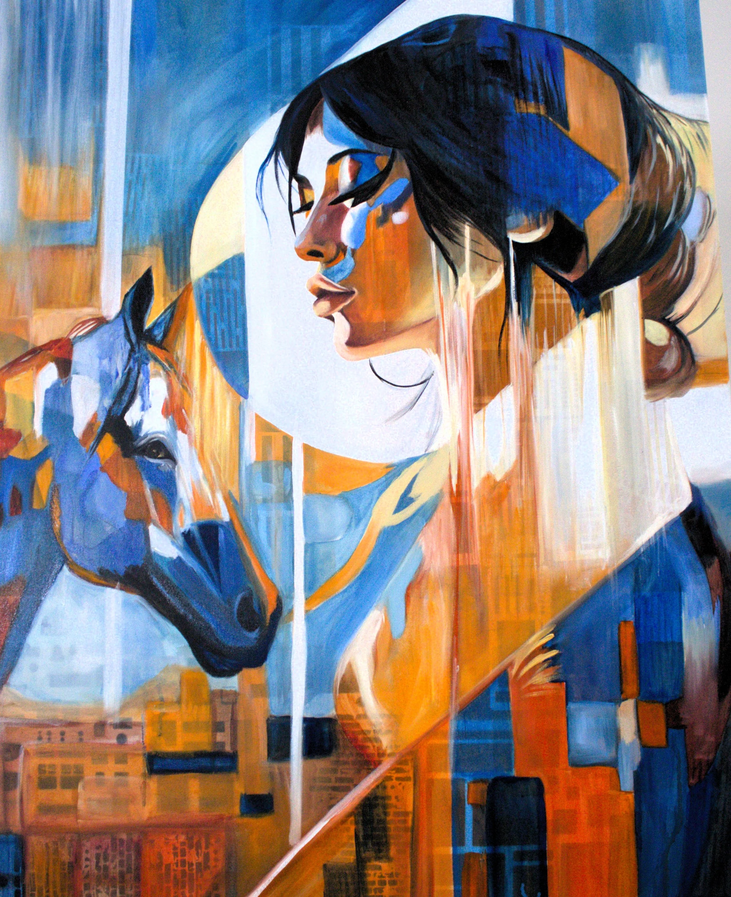 A modern stylized painting of a woman with dark hair and a dog near a window, with bright orange, blue, and black geometric shapes and patterns in the background.