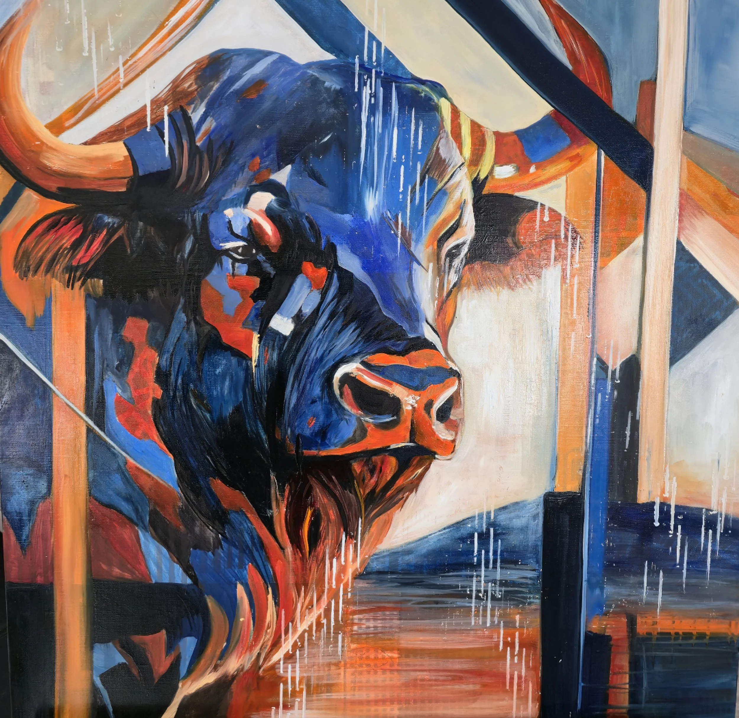 Abstract painting of a bull with bold, dynamic brushstrokes in shades of blue, orange, black, white, and red, featuring overlapping and intersecting geometric shapes. South west Art