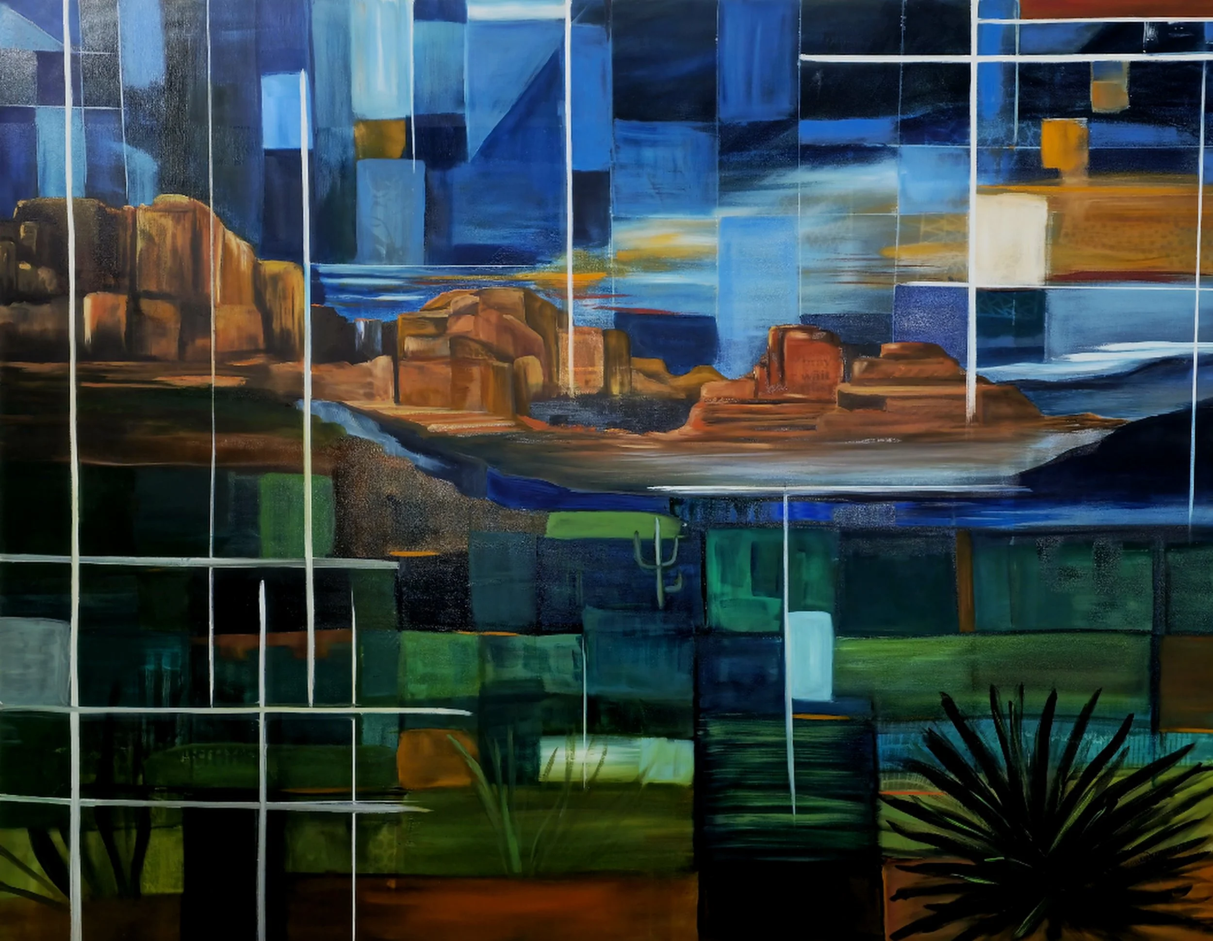 A vibrant mosaic artwork of a desert landscape with rock formations, a colorful sky, and greenery in the foreground, created with geometric tiles.