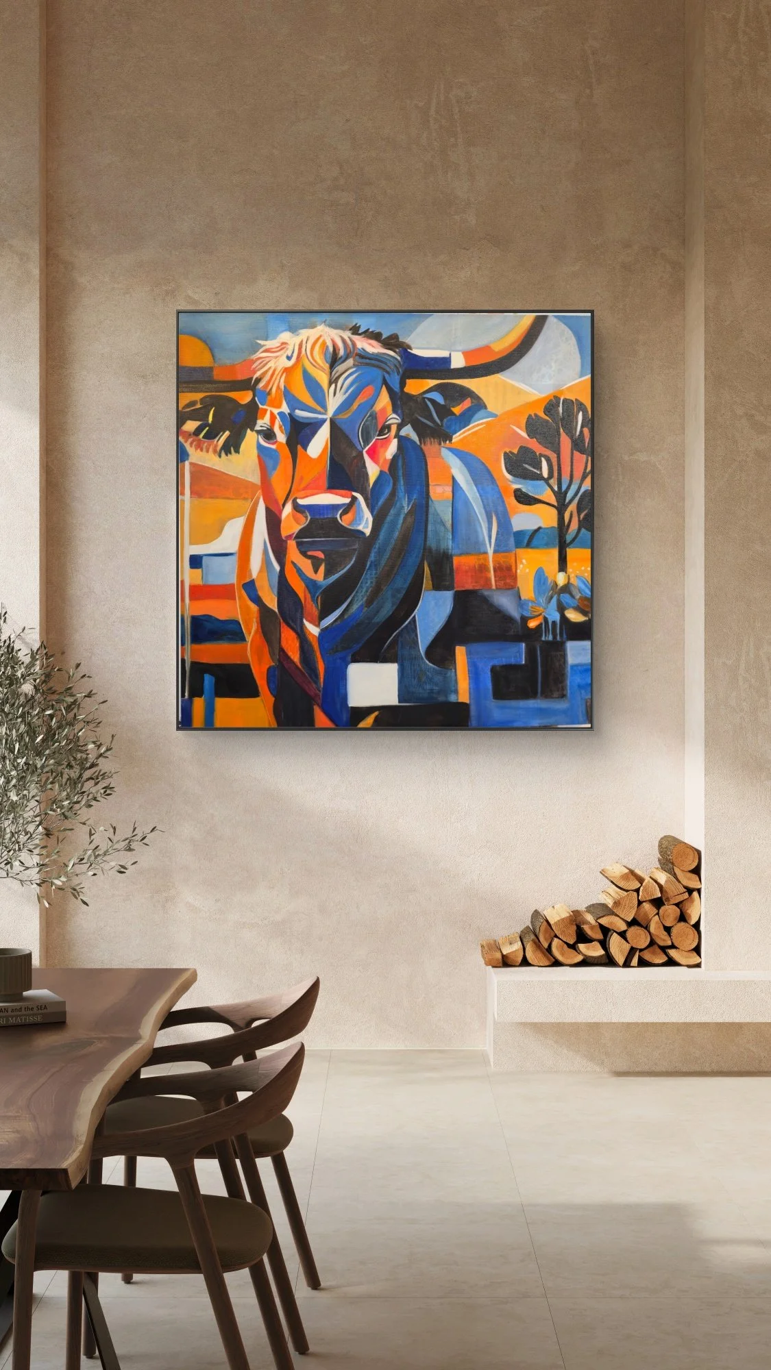 Colorful abstract painting of a bull hangs on a beige wall in a modern dining room with wood furniture, a small fireplace with stacked firewood, and a potted plant. Wall art