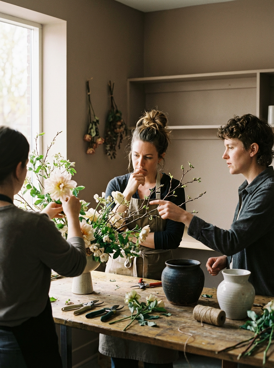 Three women arranging flowers in vases at a wooden table in a room with natural light.