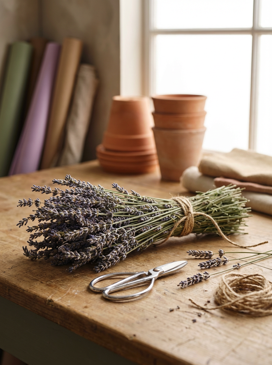 A rustic wooden table holding a bundle of dried lavender tied with twine, a pair of scissors, a spool of twine, stacked terracotta flower pots, and folded fabric near a window with soft light.
