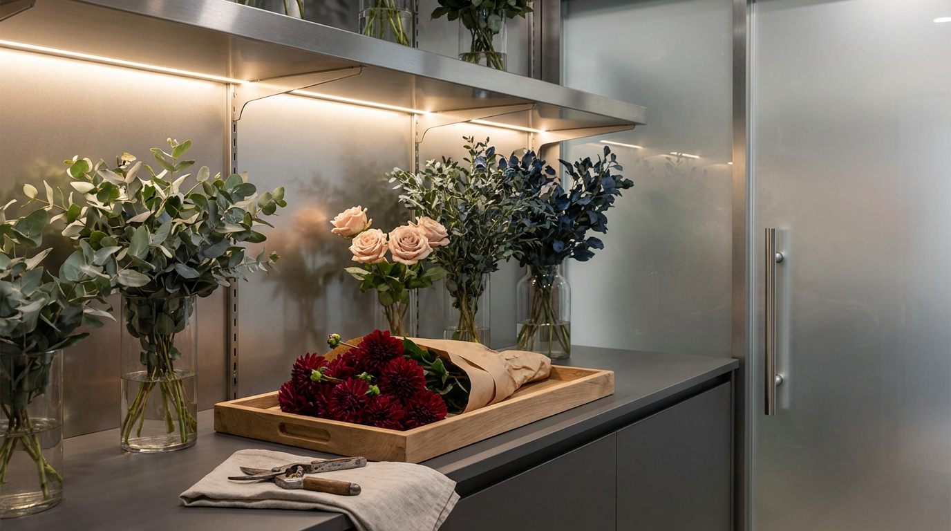 A counter with five glass vases filled with different types of flowers, a wooden tray with a bouquet of red flowers, and some gardening tools on a cloth, set against a stainless steel background.