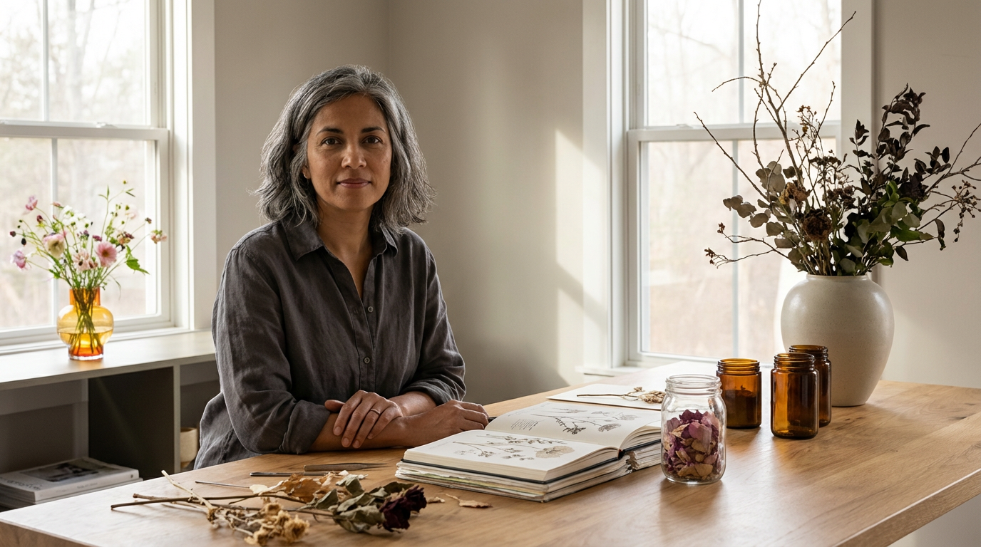 A woman with gray hair sitting at a wooden table with flowers, books, and vials, in a bright room with windows.