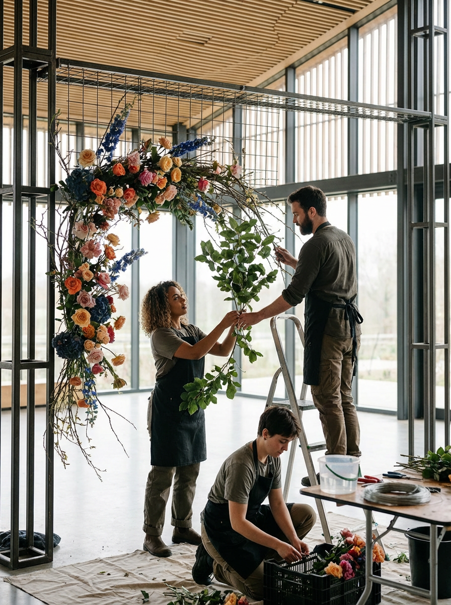 Three people arranging a floral arch with colorful flowers and greenery inside a modern building with large windows.