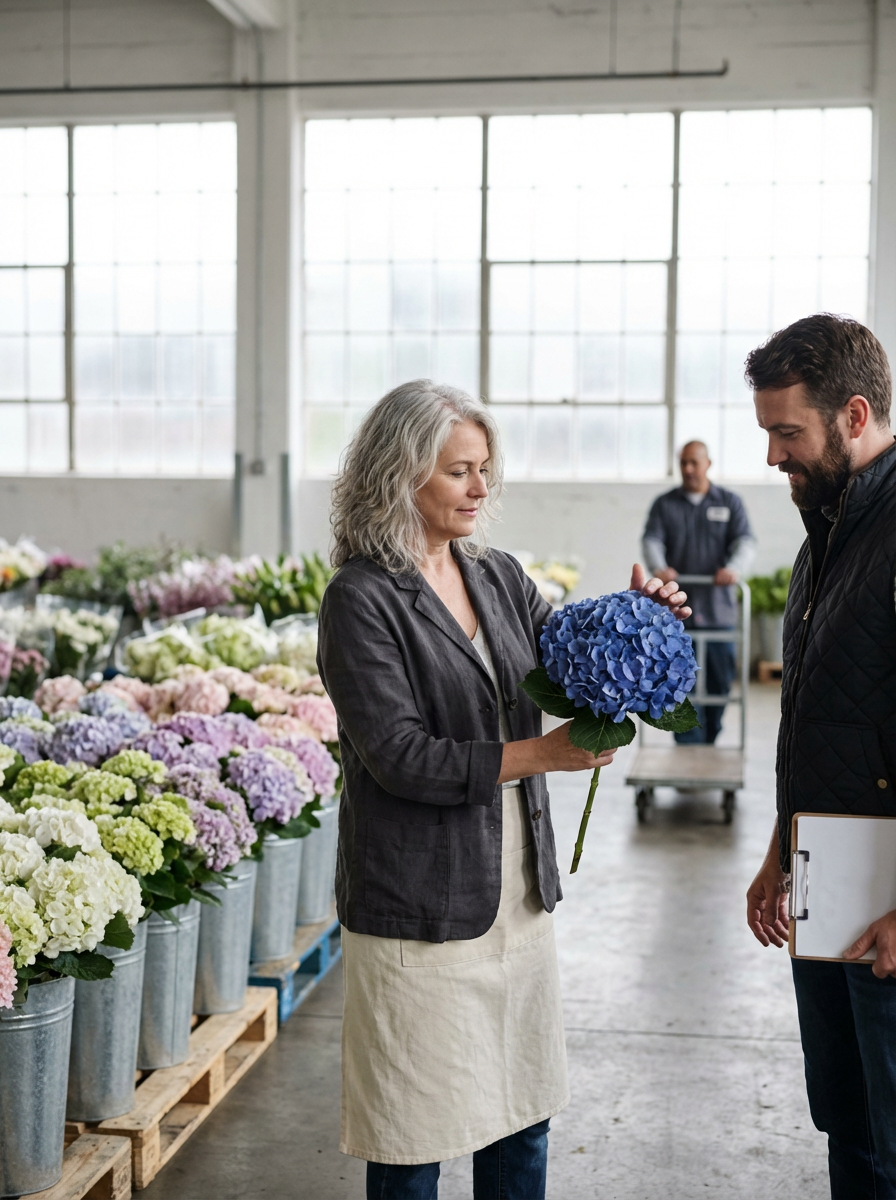 A woman at a flower shop showing a blue hydrangea to a man holding a clipboard, with shelves of colorful hydrangeas in buckets behind them.