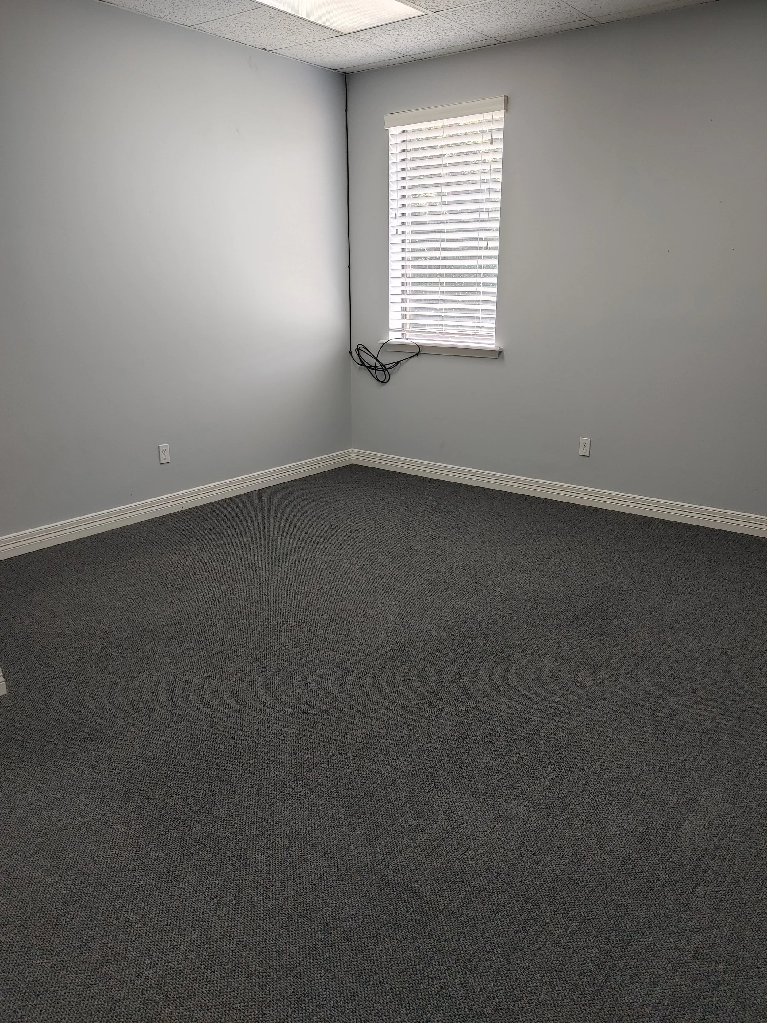Empty room with gray carpet, white walls, a window with closed white blinds, a black cable on the windowsill, and electrical outlets near the floor.