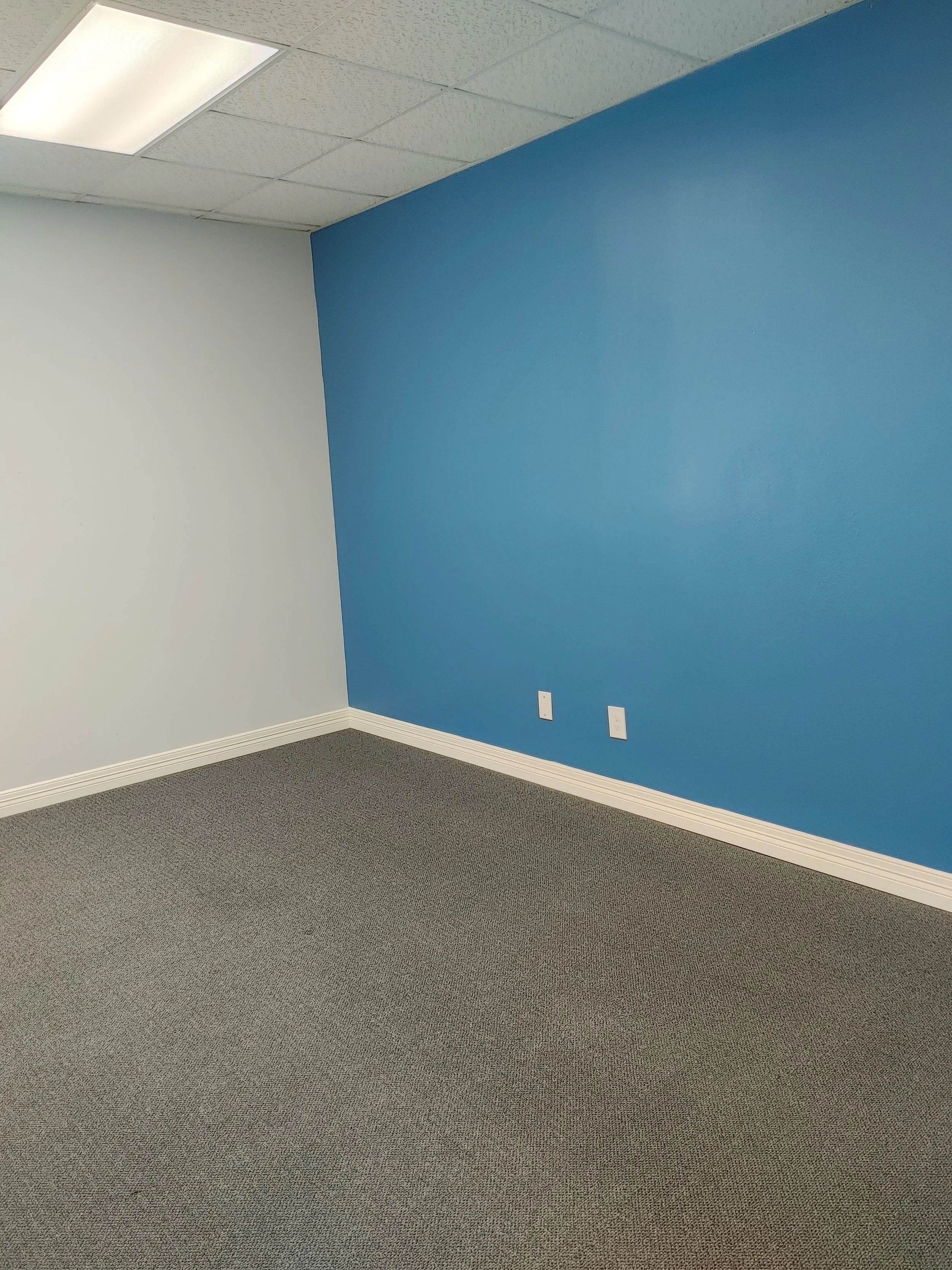 Empty office corner with gray and blue walls, gray carpet, white baseboard, and electrical outlets.