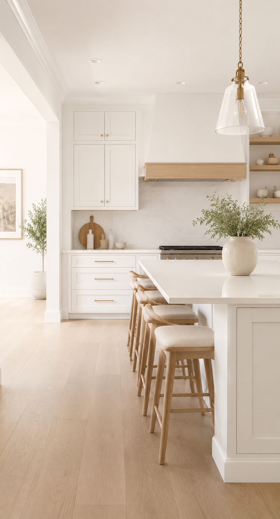 Bright modern kitchen with white cabinetry, a large island, light wood bar stools, brass accents, and natural greenery.