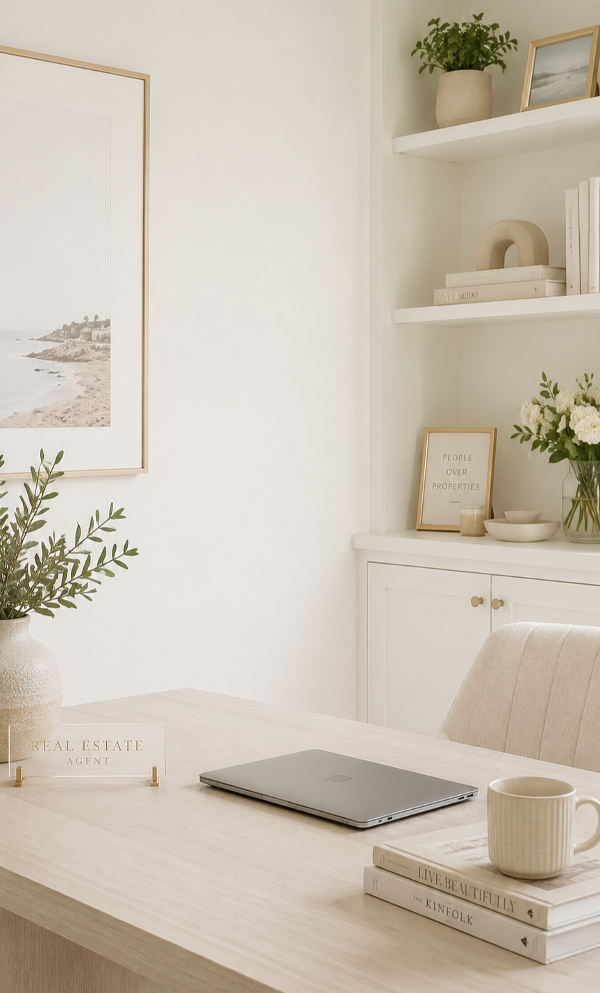 Bright neutral real estate office with light wood desk, laptop, coffee, built-in shelves, greenery, and modern decor.