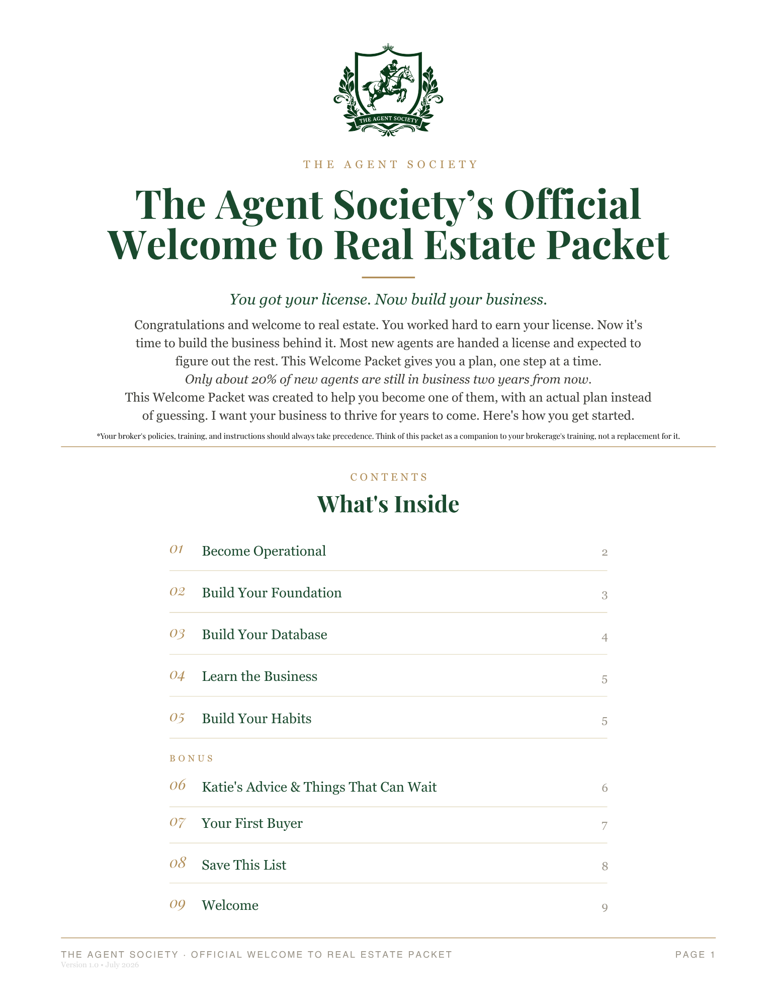 Preview of The Agent Society’s Official Welcome to Real Estate Packet for new real estate agents, featuring a step-by-step startup plan and resources.