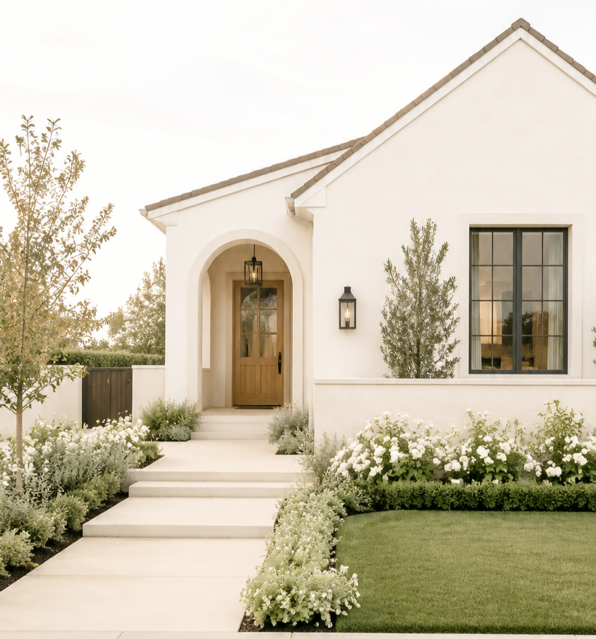 Bright modern white home exterior with an arched entry, wood front door, black-framed windows, and landscaped front yard.