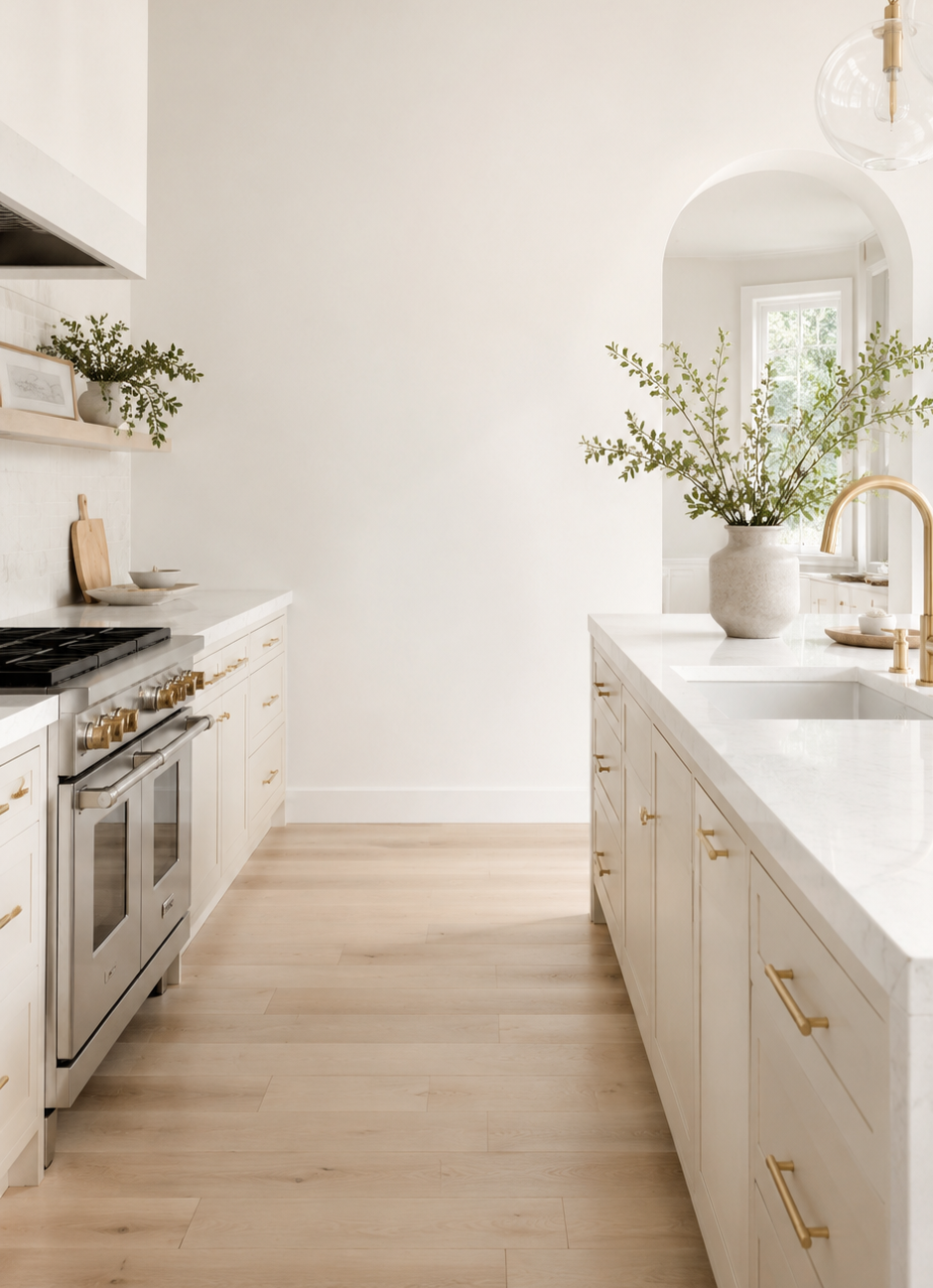 Bright modern kitchen with white cabinetry, marble countertops, brass fixtures, arched doorway, and natural greenery.