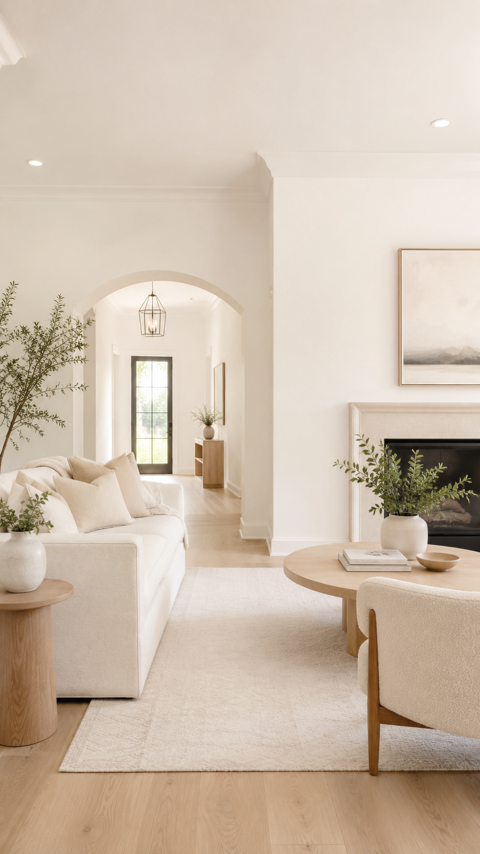 Bright neutral living room with an arched hallway, fireplace, light wood furniture, and natural greenery.