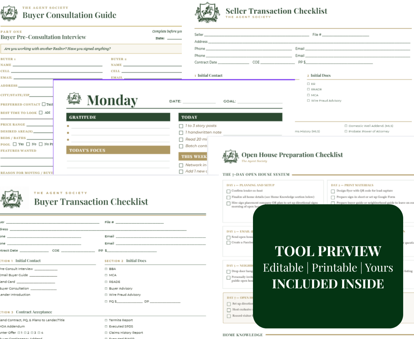 Preview of The Agent Society member resources, including buyer and seller transaction checklists, a buyer consultation guide, weekly planner, and open house preparation checklist.