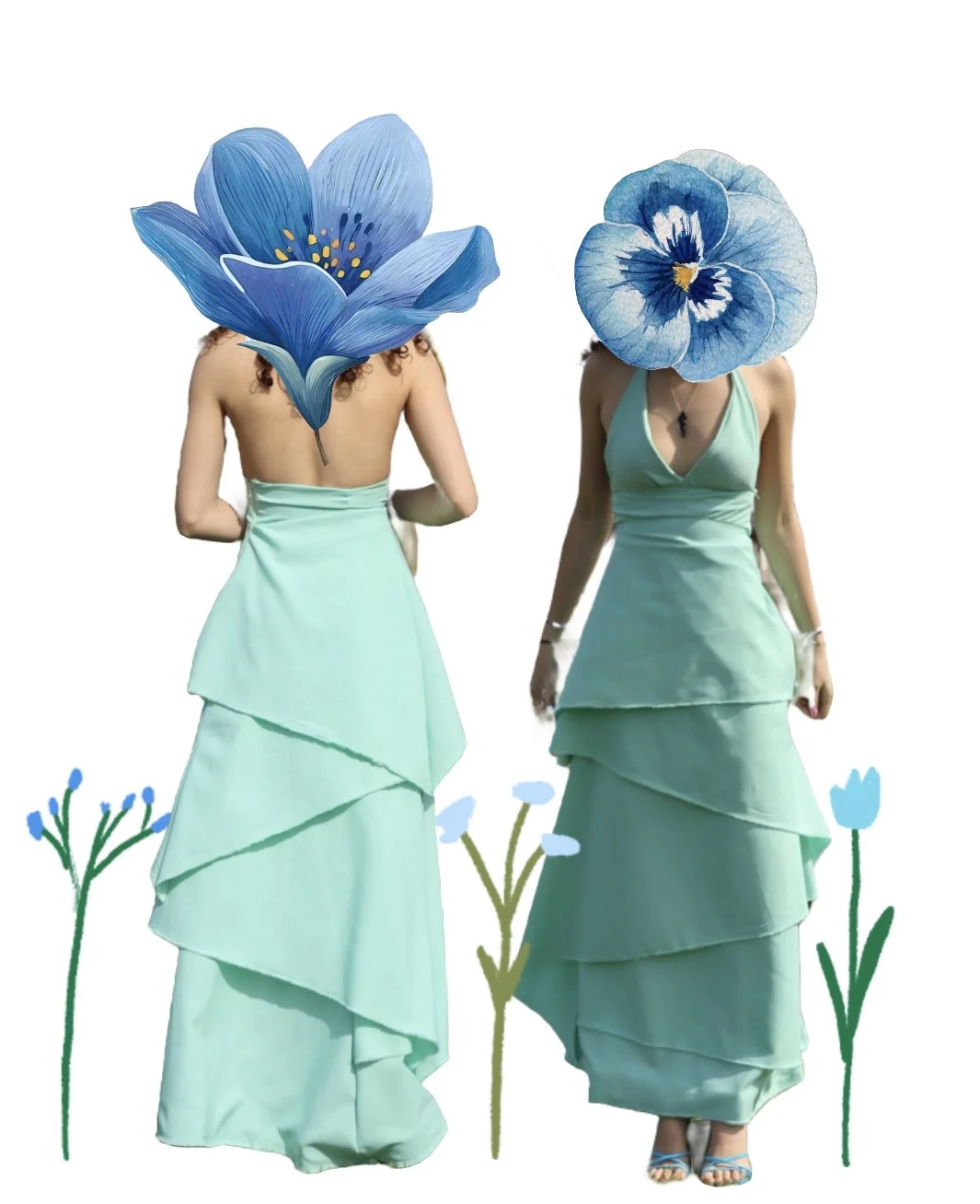 Two women in aqua dresses with large blue flower headpieces and surrounded by illustrated flowers on a white background.