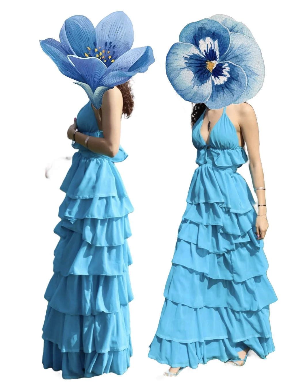 Two women in blue ruffled dresses with large flower masks covering their faces, one with a flower resembling a blue poppy, and the other a blue anemone.