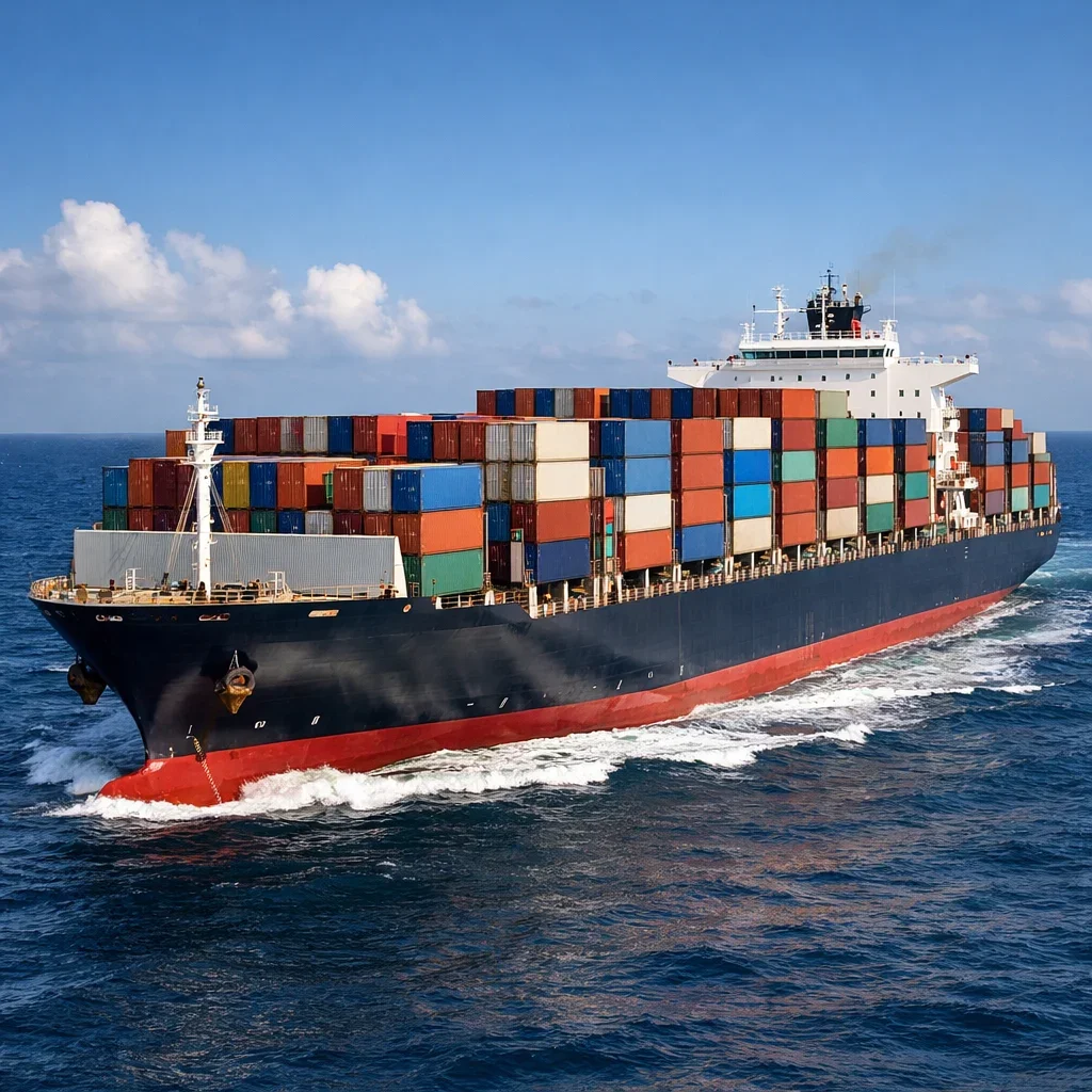 A large cargo ship carrying numerous multicolored shipping containers sailing on the ocean.
