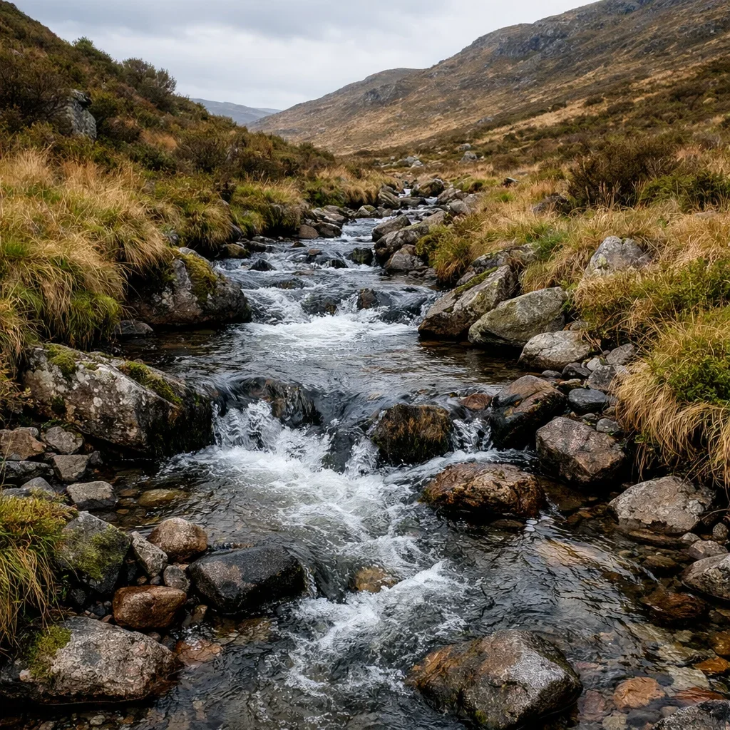 A mountain stream flowing through a rocky, grassy landscape with hills in the background under a cloudy sky.