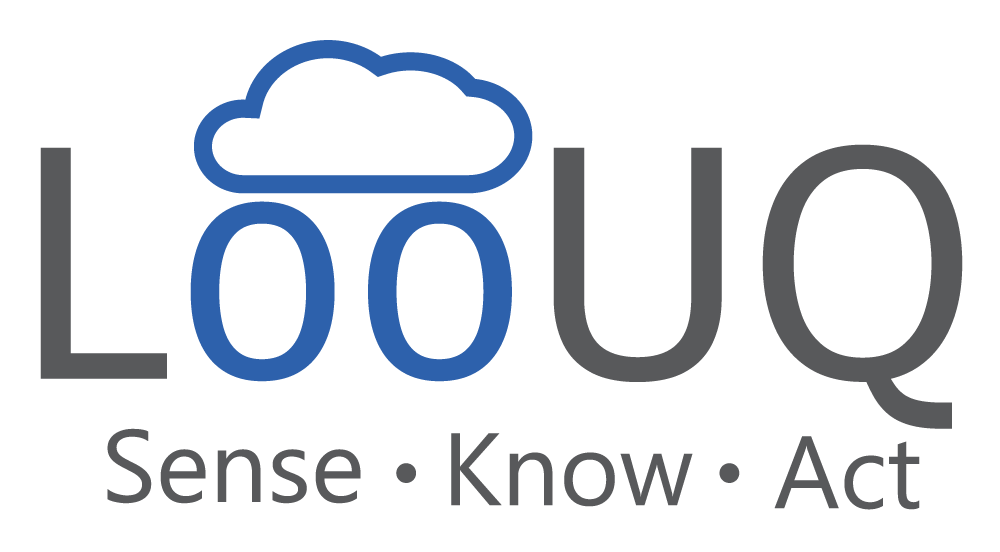 Logo with the word "LOOUQ" and a cloud illustration above the "oo"; tagline reads "Sense • Know • Act".