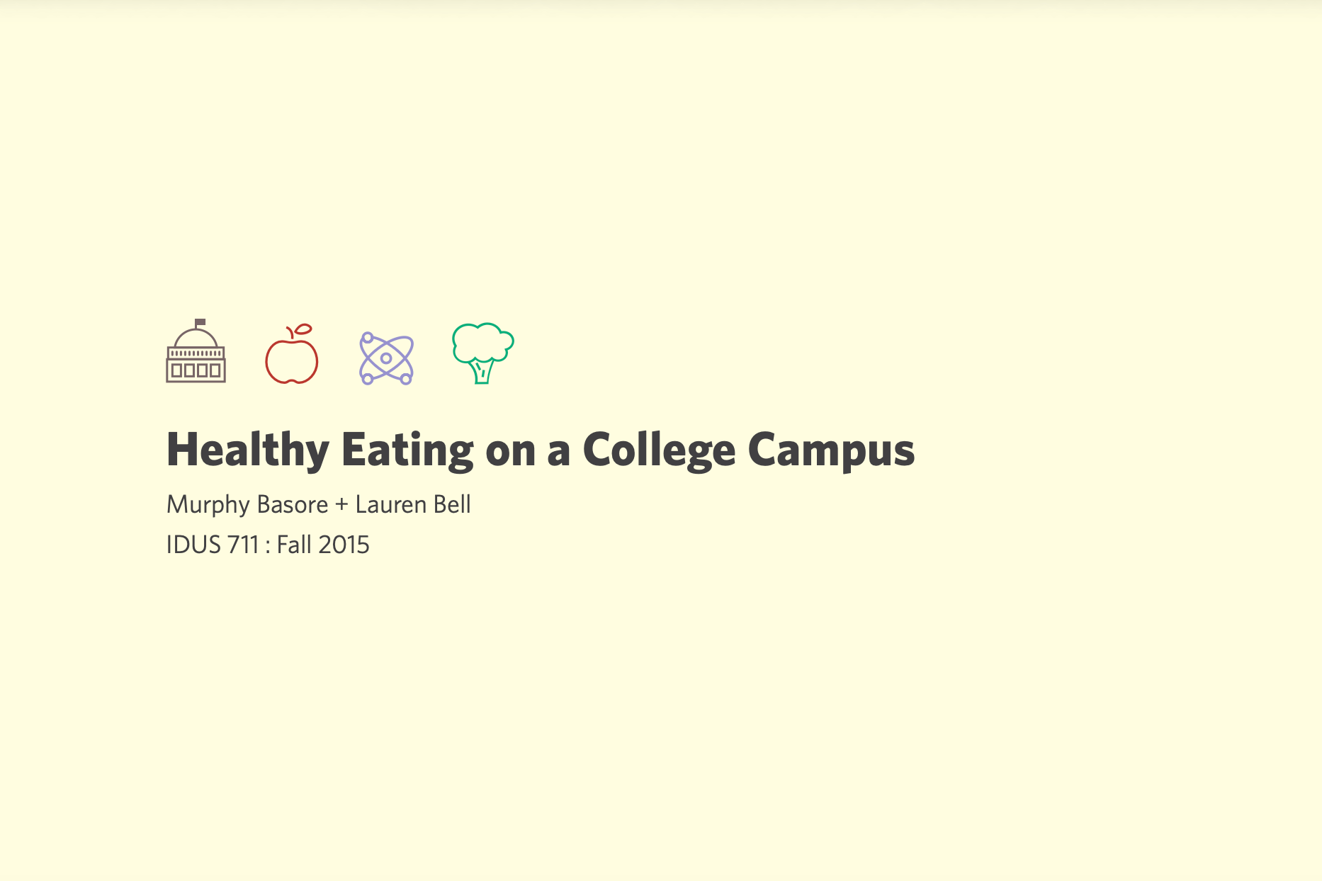 Presentation slide titled "Healthy Eating on a College Campus" by Murphy Basore and Lauren Bell for IDUS 711, Fall 2015. Includes icons of a school building, an apple, a molecule, and broccoli on a light yellow background.