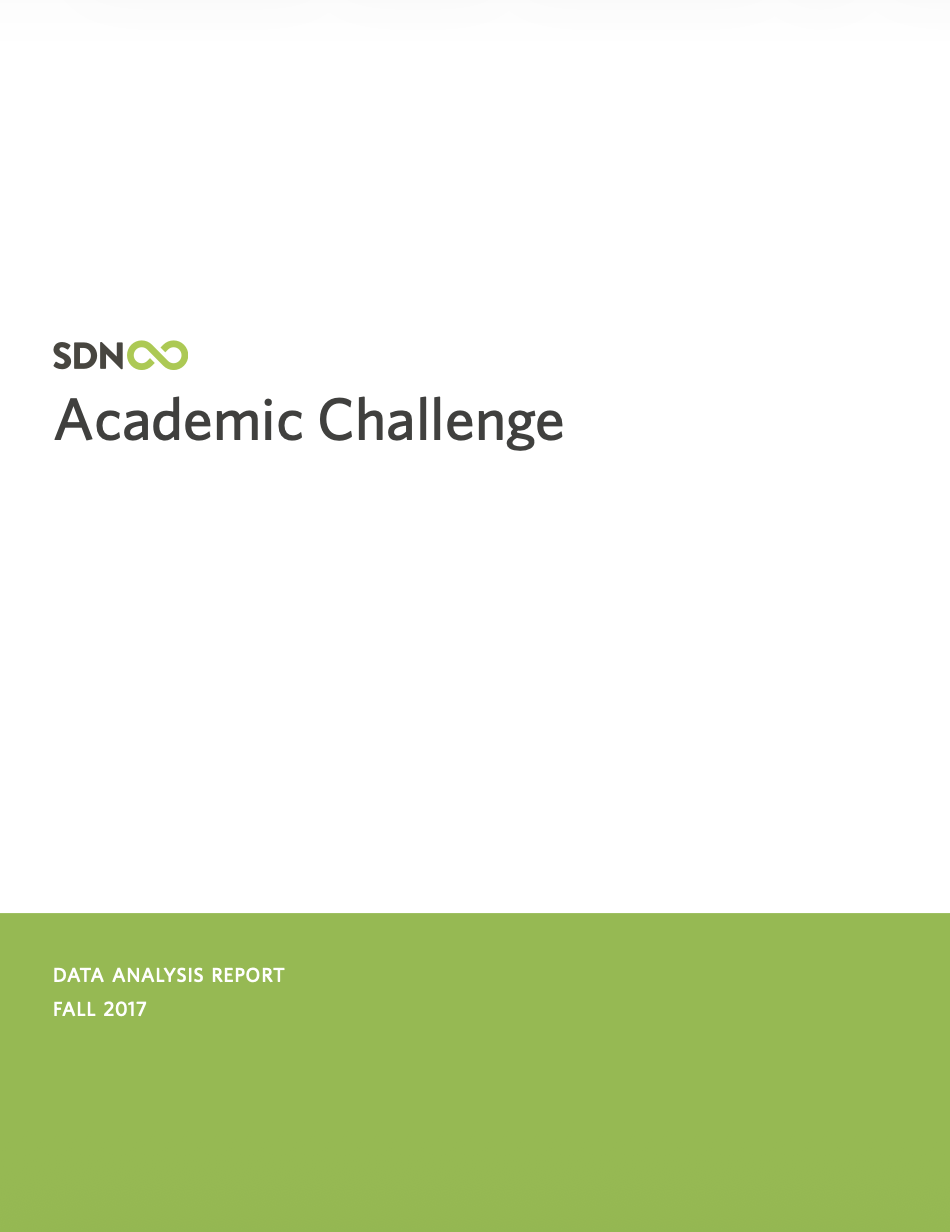 Cover page of a report titled 'Academic Challenge' by SDN, with a white background and a green section at the bottom. It includes the subtitle 'Data Analysis Report Fall 2017'.